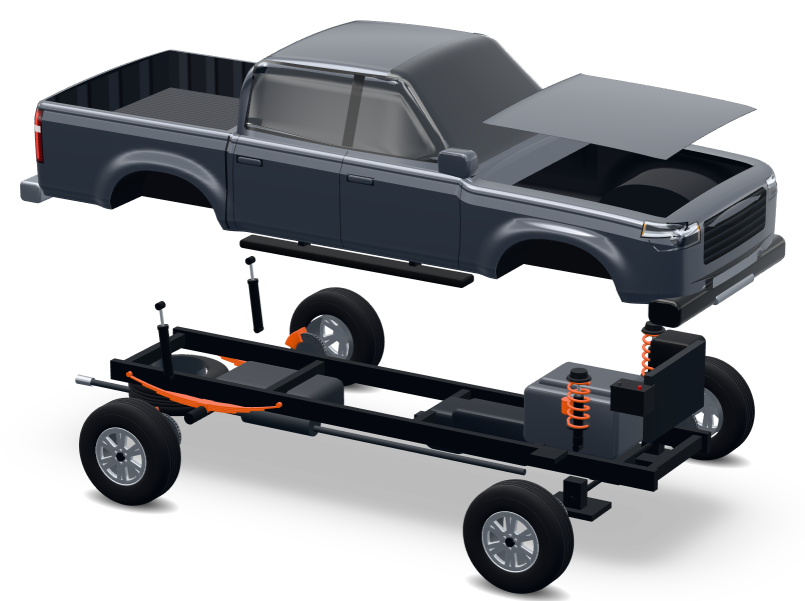 Camioneta gris abierta en capas: la carrocería levantada sobre el chasis y las ruedas separadas, con los espirales, los elásticos y las pinzas nuevas en naranja.